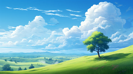 Blue sky and cloud with meadow tree. Plain landscape background for summer poster. Generate AIの素材