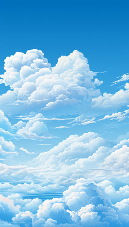 Blue sky and white clouds..blue back ground.Freshness of the new day. Bright blue background. Relaxing feeling like being in the sky , Generate AIの素材