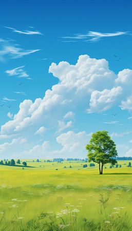 Blue sky and cloud with meadow tree. Plain landscape background for summer poster. Generate AIの素材