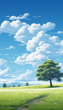 Blue sky and cloud with meadow tree. Plain landscape background for summer poster. Generate AIの素材