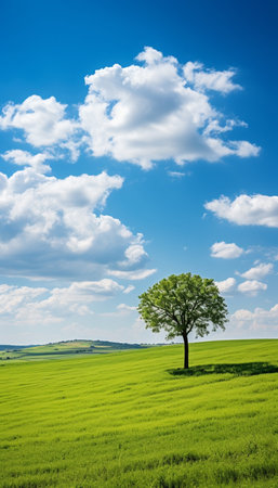 Blue sky and cloud with meadow tree. Plain landscape background for summer poster. Generate AIの素材