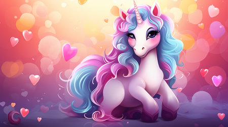 Cartoon couple love unicorns colorful background , Generate AIの素材
