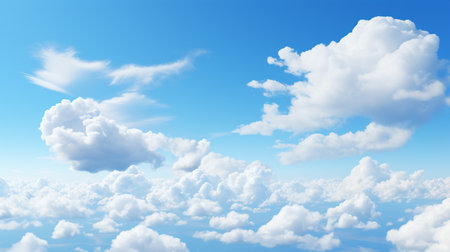 Blue sky and white clouds..blue back ground.Freshness of the new day. Bright blue background. Relaxing feeling like being in the sky , Generate AIの素材