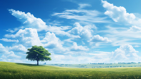 Blue sky and cloud with meadow tree. Plain landscape background for summer poster. Generate AIの素材