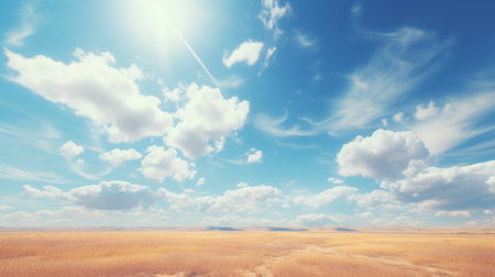 Blue sky and cloud with meadow tree. Plain landscape background for summer poster. Generate AIの素材