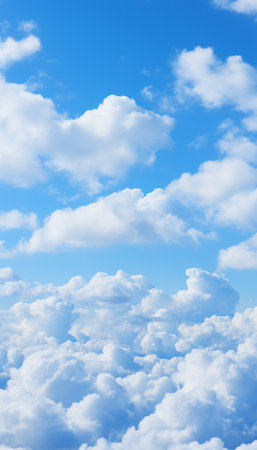 Blue sky and white clouds..blue back ground.Freshness of the new day. Bright blue background. Relaxing feeling like being in the sky , Generate AIの素材