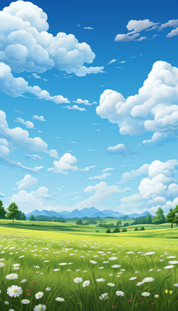Blue sky and cloud with meadow tree. Plain landscape background for summer poster. Generate AIの素材