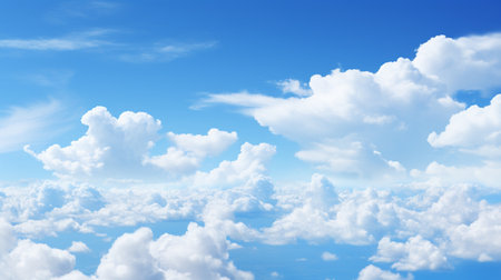 Blue sky and white clouds..blue back ground.Freshness of the new day. Bright blue background. Relaxing feeling like being in the sky , Generate AIの素材