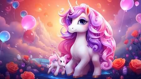 Cartoon couple love unicorns colorful background , Generate AIの素材