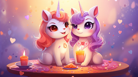 Cartoon couple love unicorns colorful background , Generate AIの素材