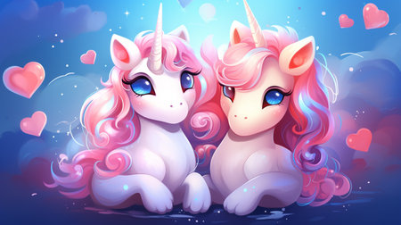 Cartoon couple love unicorns colorful background , Generate AIの素材