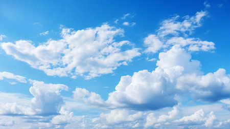 Blue sky and white clouds..blue back ground.Freshness of the new day. Bright blue background. Relaxing feeling like being in the sky , Generate AIの素材