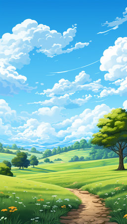 Blue sky and cloud with meadow tree. Plain landscape background for summer poster. Generate AIの素材