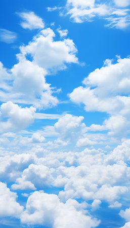 Blue sky and white clouds..blue back ground.Freshness of the new day. Bright blue background. Relaxing feeling like being in the sky , Generate AIの素材