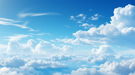 Blue sky and white clouds..blue back ground.Freshness of the new day. Bright blue background. Relaxing feeling like being in the sky , Generate AIの素材