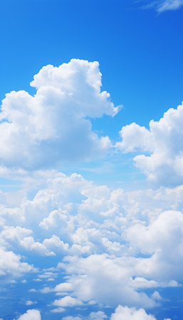 Blue sky and white clouds..blue back ground.Freshness of the new day. Bright blue background. Relaxing feeling like being in the sky , Generate AIの素材