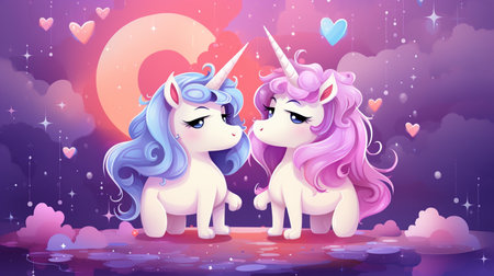 Cartoon couple love unicorns colorful background , Generate AIの素材