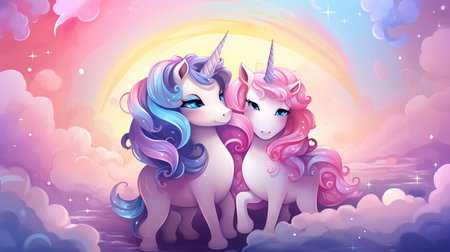 Cartoon couple love unicorns colorful background , Generate AIの素材