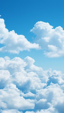 Blue sky and white clouds..blue back ground.Freshness of the new day. Bright blue background. Relaxing feeling like being in the sky , Generate AIの素材