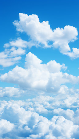 Blue sky and white clouds..blue back ground.Freshness of the new day. Bright blue background. Relaxing feeling like being in the sky , Generate AIの素材