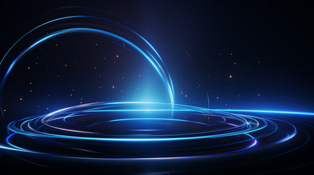 Abstract glowing circle lines on dark blue background. Geometric stripe line art design. Modern shiny blue lines, Generate AIの素材