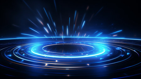 Abstract glowing circle lines on dark blue background. Geometric stripe line art design. Modern shiny blue lines, Generate AIの素材