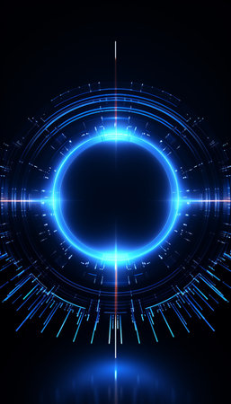 Abstract glowing circle lines on dark blue background. Geometric stripe line art design. Modern shiny blue lines, Generate AIの素材