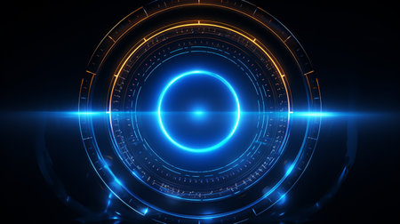 Abstract glowing circle lines on dark blue background. Geometric stripe line art design. Modern shiny blue lines, Generate AIの素材