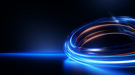 Abstract glowing circle lines on dark blue background. Geometric stripe line art design. Modern shiny blue lines, Generate AIの素材