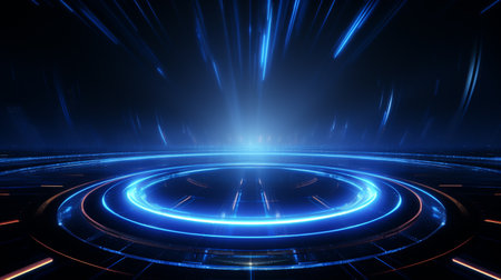 Abstract glowing circle lines on dark blue background. Geometric stripe line art design. Modern shiny blue lines, Generate AIの素材