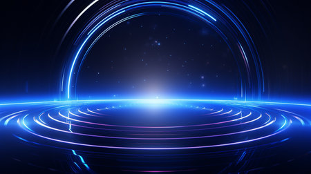 Abstract glowing circle lines on dark blue background. Geometric stripe line art design. Modern shiny blue lines, Generate AIの素材