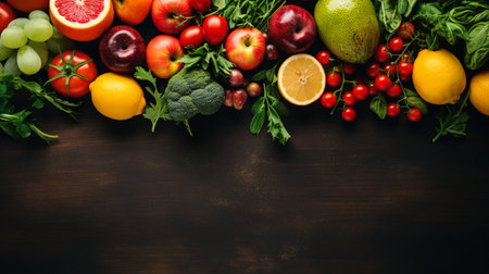 A variety of fresh ripe fruit and vegetables. Food concept background. Top view. Copy space.Generate AIの素材