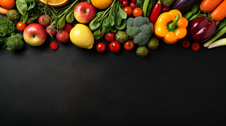 A variety of fresh ripe fruit and vegetables. Food concept background. Top view. Copy space.Generate AIの素材