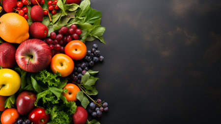 A variety of fresh ripe fruit and vegetables. Food concept background. Top view. Copy space.Generate AIの素材
