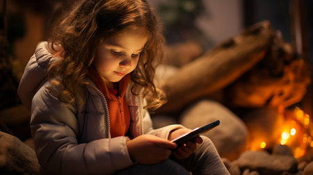 A little preschool girl plays online games on her smartphone and watches cartoons.Generate AIの素材