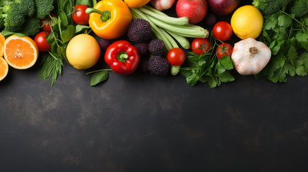 A variety of fresh ripe fruit and vegetables. Food concept background. Top view. Copy space.Generate AIの素材
