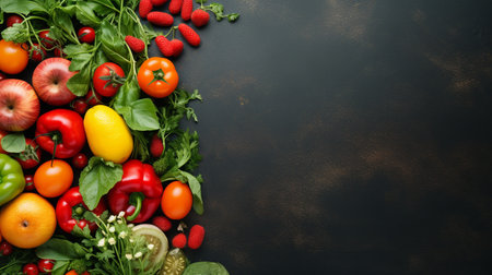A variety of fresh ripe fruit and vegetables. Food concept background. Top view. Copy space.Generate AIの素材