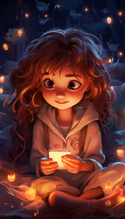 A little preschool girl plays online games on her smartphone and watches cartoons.Generate AIの素材