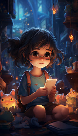 A little preschool girl plays online games on her smartphone and watches cartoons.Generate AIの素材