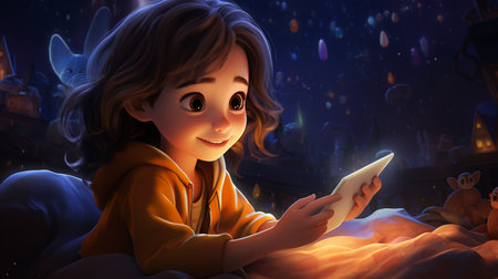 A little preschool girl plays online games on her smartphone and watches cartoons.Generate AIの素材