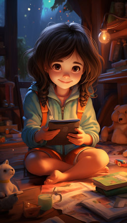 A little preschool girl plays online games on her smartphone and watches cartoons.Generate AIの素材
