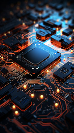 Connected microchips with circuit diagram background  Generate AIの素材