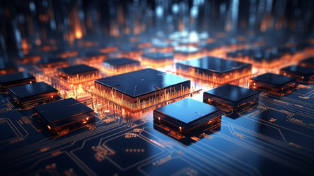 Connected microchips with circuit diagram background  Generate AIの素材