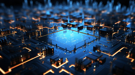 Connected microchips with circuit diagram background  Generate AIの素材