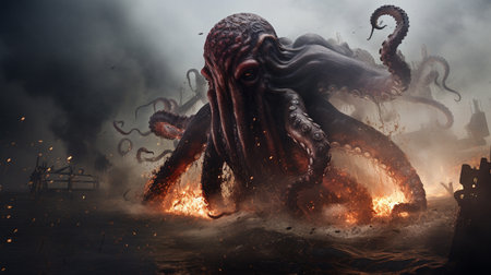 A giant red octopus, with splashes of black and white smoke , generate AIの素材