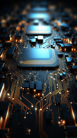 Connected microchips with circuit diagram background  Generate AIの素材