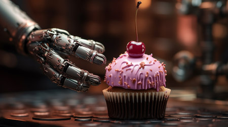 3D Rendering, robot arm laying cherry on cupcake , Generate AIの素材