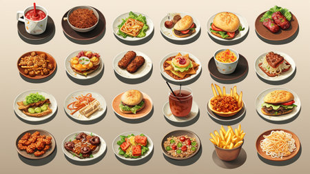 30+ spot illustrations of popular takeout (carryout, takeaway) or delivery meals Generate AIの素材