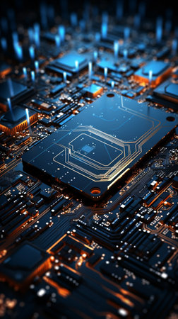 Connected microchips with circuit diagram background  Generate AIの素材