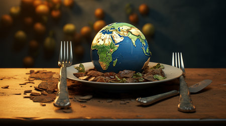 A globe on a dish with fork and a knife illustration Environment, Population, Global warming, Malnutrition, Zero waste, Sustainable,Generate AIの素材